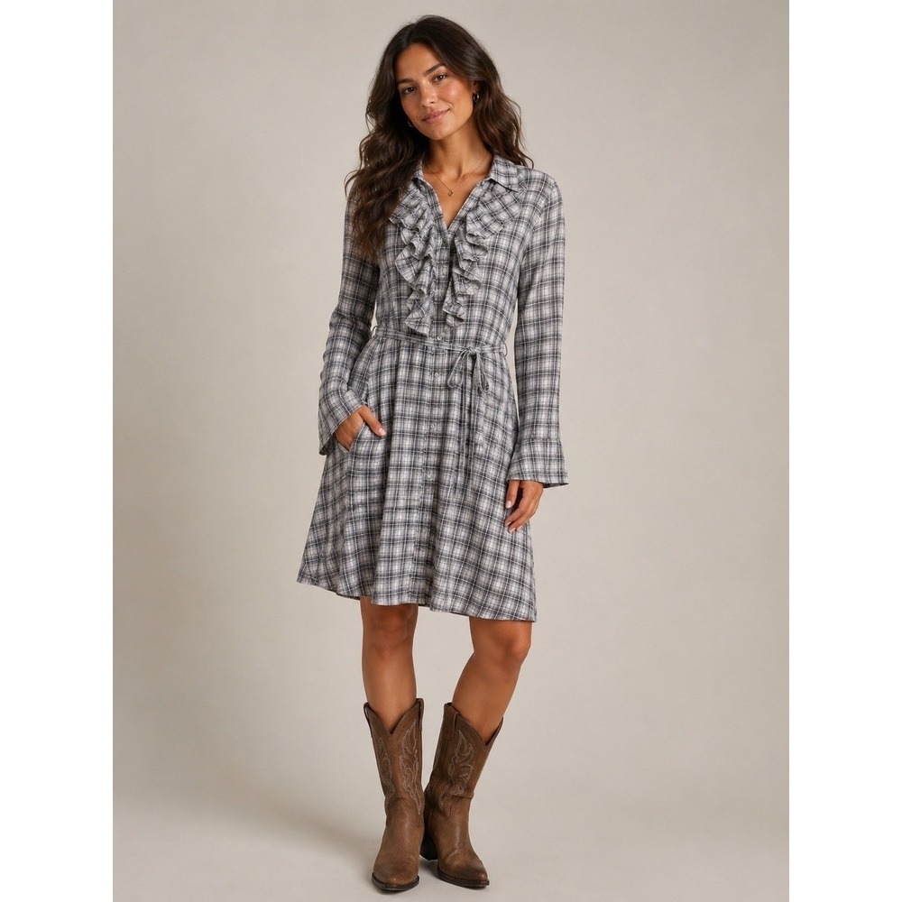 Y2K VTG Converse One Star Plaid Shirt Dress Black & White Button Cowgirl Western